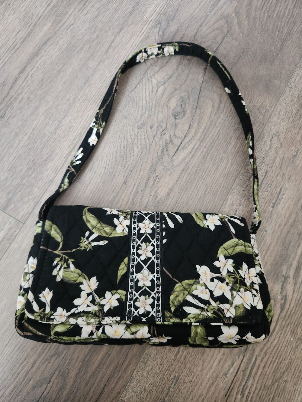 Vera Bradley Black Floral Quilted Shoulder Bag with Green Leaves